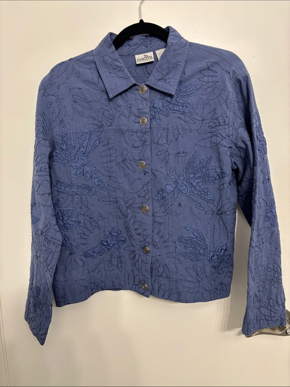 Chico's Blue Embroidered Button-Front Jacket
